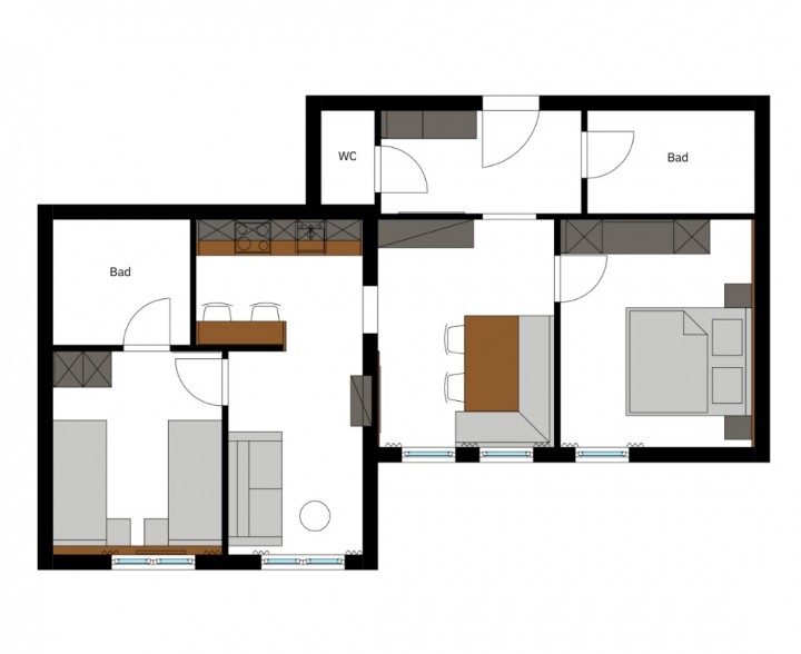 Familiensuite mit 2 Schlafzimmern, 2 Bädern, Wohnküche und Esszimmer